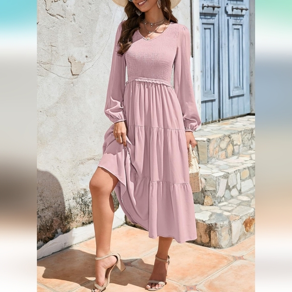MEROKEETY Women's Long Sleeve Smocked V-neck High Waist Ruffle Tier Midi Dress - Picture 14 of 15